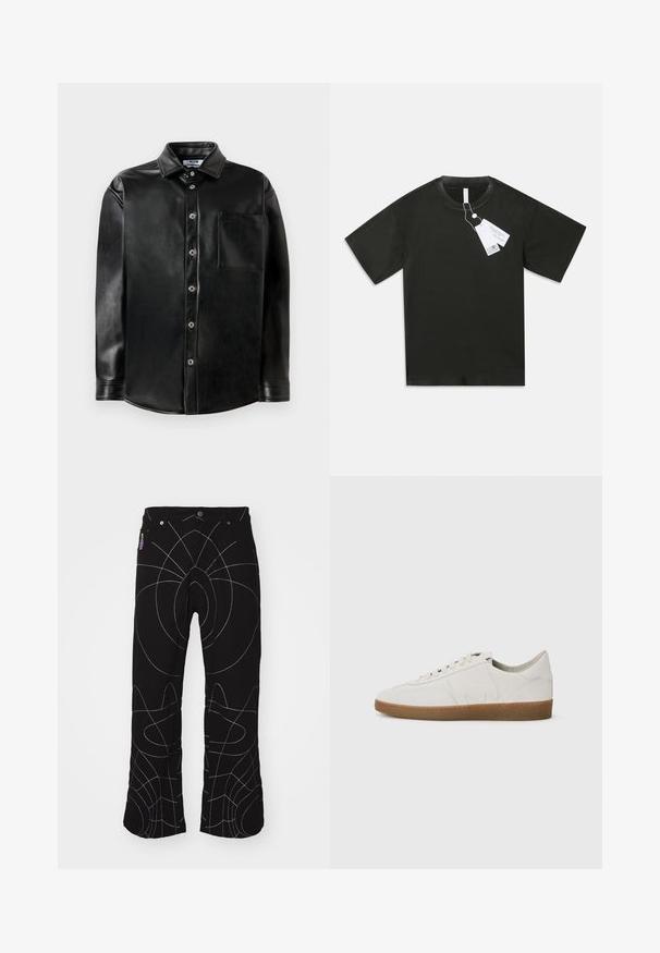 Chemise noire à manches longues en simili cuir avec boutons sur le devant, col pointu et poche sur le côté gauche de la poitrine, présentée sur un fond blanc uni.; T-shirt en coton noir à manches courtes avec col rond et étiquettes blanches attachées pendent du col sur fond blanc.; Pantalons noirs avec des coutures abstraites blanches. Comprend des poches standard, une fermeture à bouton et une coupe droite. Tissu texturé.; Baskets blanches en cuir avec une finition texturée, semelle en caoutchouc, pointe arrondie et design minimaliste. Présente un logo discret sur le côté.