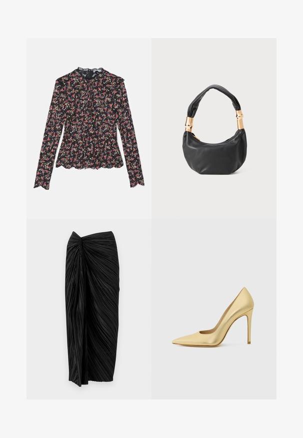Bluză lungă neagră, cu mâneci lungi, cu un model floral în roșu, galben și verde. Dispune de dantelă la decolteu și o margine volanată.; Fustă pliată neagră cu un design răsucit la talie, având ruchete verticale și o siluetă fluidă. Textură netedă pe toată suprafața.; Pantof cu toc înalt de tip stiletto, vârful ascuțit, de culoare auriu metalizat, prezentat din lateral pe un fundal deschis și simplu.; Geantă de mână din piele neagră, cu o formă rotundă, textură moale și un mâner legat, având accente din metal auriu. Închidere cu fermoar.