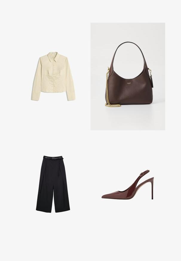 Bež gola bluzica dugih rukava s dugmadi, s oštrim ovratnikom i detaljima na struku, položena ravno na bijeloj podlozi.; Crne hlače širokih nogavica od glatke tkanine, s visokim strukom i petljama za remen, s nabranim prednjim detaljima i bez vidljivih uzoraka.; Tamnosmeđi lakirani kožni salonke s oštrim vrhom, sa remenom za zakopčavanje i tanjim stiletto potpeticom.; COACH BROOKLYN SHOULDER BAG 23 - Ručna torba - maple