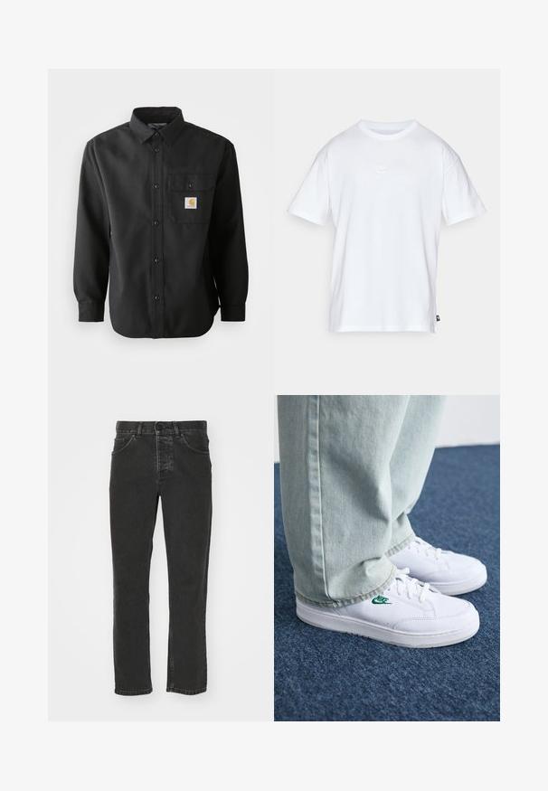 Musthave musta pikkade varrukatega särk, millel on nööpidega esipaneel, terav krae ja rinna peal tasku logoplaadiga. Pehme, tekstuuriga kangas.; Valge puuvillane t-särk lühikeste varrukatega ja ümmarguse kaelusega. Sellega on kaasas väike, tagasihoidlik Nike logo rinnal ja külgmine silt.; Mustad denimid, sirge jala disainiga, klassikalise viie taskuga stiil, nööbivöö ja kulunud viimistlus. Sile tekstuur, nähtavaid mustreid pole.; Valged nahast tennisetossud rohelise Nike logo ja ümarate varvastega, lamedate taldadega, koos helesiniste teksapükstega, esitatud sinisel vaibal.