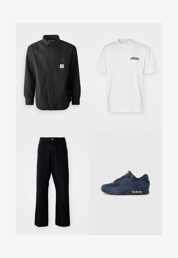 Black long-sleeve shirt with a buttoned front, pointed collar, and a chest pocket featuring a logo patch. Soft, textured fabric.; White cotton t-shirt with short sleeves and a crew neckline. Features a black "Carhartt" logo printed on the upper left chest area.; Black denim trousers with a relaxed fit, featuring a gold button, five-pocket design, and straight leg cut. Smooth texture.; Navy blue Nike Air Max sneakers with suede and mesh upper, featuring yellow accents, lace-up front, and visible air cushioning in sole.