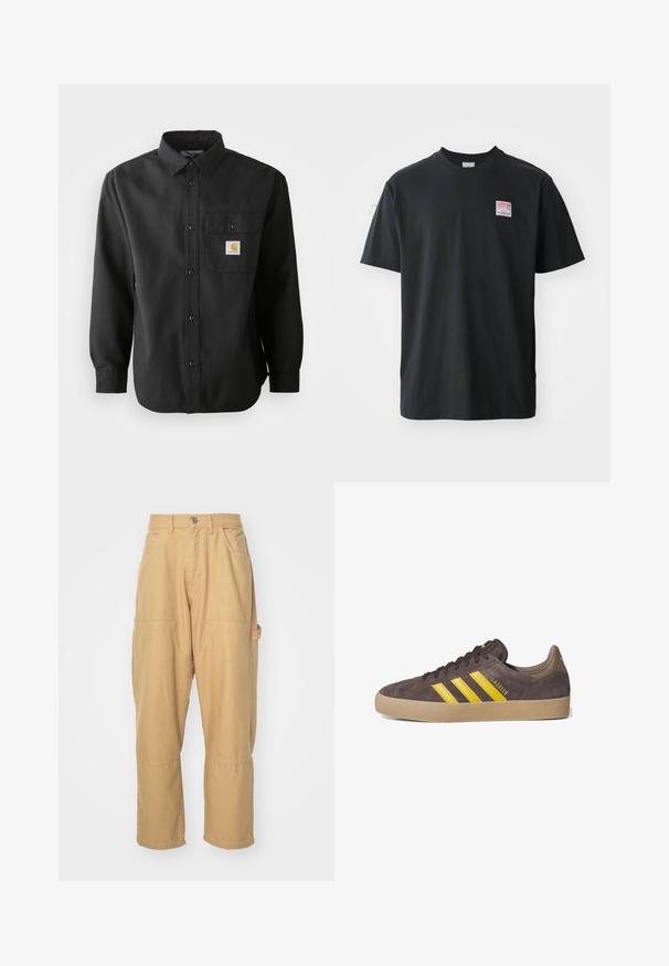 Zwarte longsleeve shirt met een knoopsluiting aan de voorkant, puntige kraag en een borstzak met een logo patch. Zacht, gestructureerd materiaal.; Zwarte katoenen t-shirt met ronde hals, korte mouwen en een klein gekleurd label op de linkerkant van de borst met het woord "SUPERIOR."; Beige cargobroeken gemaakt van katoenmix. Bevat meerdere zakken, rechte pijpen en een knoopsluiting aan de taille.; Grijze suède sneaker met drie gele strepen, rubberen gumzool en textuurdetails. Merkwaarde "Gazelle" aan de zijkant. Eenvoudig vetersluiting ontwerp.