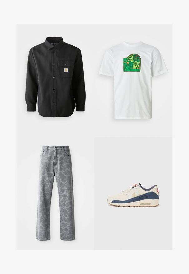 Mustapaita, jossa on pitkä hiha, nappikäyttöinen etuosa, terävä kaulus ja rintatasku, jossa on logo-aani. Pehmeä, tekstuurinen kangas.; Valkoinen puuvillapaita, jossa on vihreä piirilevykuvio, joka sisältää monimutkaisia kuvioita, punaisia yksityiskohtia ja kerrostetun muotoiluelementin.; Harmaa farkut, joissa on kamouflagekuvio, suora lahje, viisi taskua ja napitus.; Tennarit, joissa on kermanvärinen nahka ja merimiessininen mokka päällinen, näkyvällä ilmasoolalla, beige kumipohja ja punainen yksityiskohta kantapäässä.