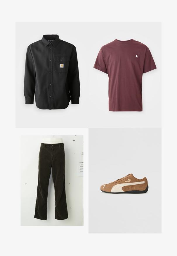 Musthave musta pikkade varrukatega särk, millel on nööpidega esipaneel, terav krae ja rinna peal tasku logoplaadiga. Pehme, tekstuuriga kangas.; Burgundia puuvillane t-särk lühikeste varrukatega, ümmargune kaelus ja väike valge logo vasakul rinnal. Sile tekstuur, mugav lõige.; pruunid corduroy püksid esitlevad laienevat disaini, vertikaalset ribidel põhinevat tekstuuri, eest nupuga sulgemist ja standardseid taskuid.; Pruun sametist madala profiiliga tennis ногавики kreemi tooni detailidega, tekstureeritud pind, must kummist tallaga ja broderitud logo külje ja keele peal.