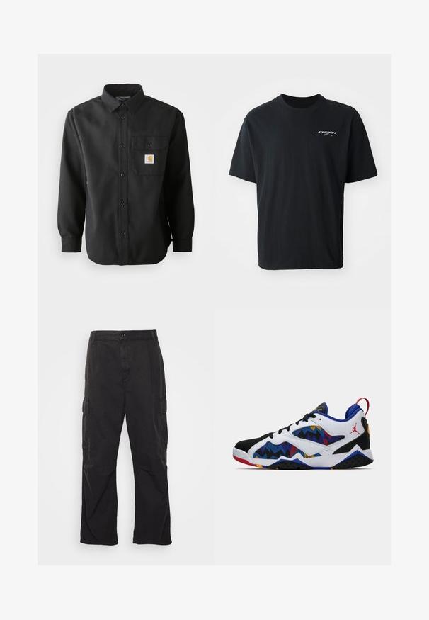 Black long-sleeve shirt with a buttoned front, pointed collar, and a chest pocket featuring a logo patch. Soft, textured fabric.; Black cotton t-shirt with a crew neck, short sleeves, relaxed fit, and white logo text on the left chest area. No patterns or accents.; Black cargo pants with a straight-leg design, featuring two side pockets, a button closure, and a textured fabric.; White, black, and blue low-top sneaker with zigzag multicolor patterns, black laces, red pull tab, and red Jumpman logo on the heel.