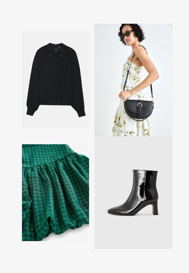 Črna bluzica iz lahkotnega materiala s plisejem spredaj, visokim ovratnikom in elastičnimi manšetami, ki imajo skrit zadrgo na hrbtni strani.; Zeleni karirani material se odlikuje različnimi odtenki, nabranimi teksturami in nabranim robom. Material izgleda zračno in lahkotno.; Črne lakirane gležnjarje z ošiljenim nosom in srednje visokim blokastim peto. Gladka tekstura in minimalističen dizajn.; Črna usnjena torbica s ukrivljeno obliko, z odstranljivo naramnico in zlatimi dodatki. Torbica ima pokrov s podrobnostmi v obliki zaponke.