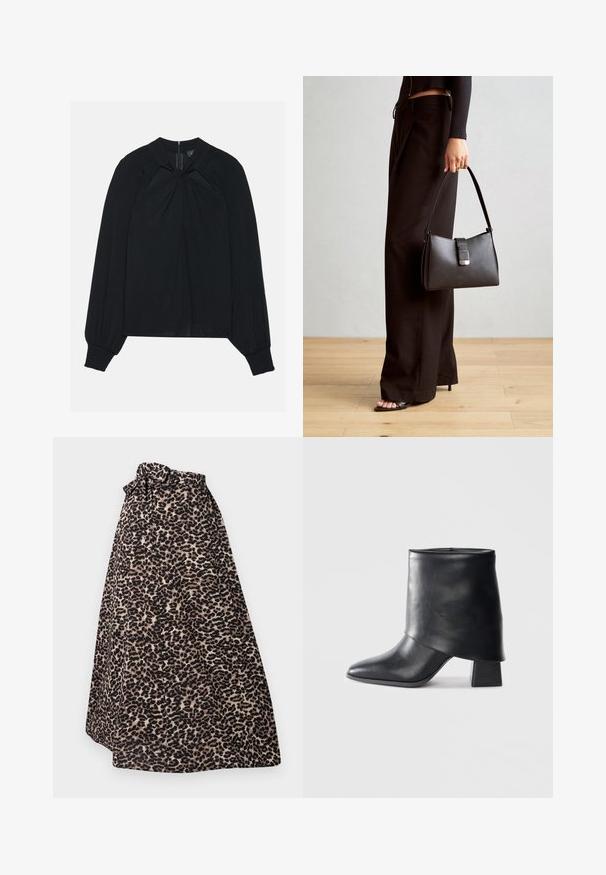 Czarna bluzka wykonana z lekkiego materiału, z plisowanym przodem, wysokim kołnierzem oraz elastycznymi mankietami, z ukrytym zamkiem błyskawicznym z tyłu.; Spódnica maxi w leopardzi wzór w odcieniach brązu i czerni, wykonana z miękkiego materiału, z wiązanym paskiem w talii i plisowanym kroju, który zapewnia swobodny kształt.; Czarny skórzany botek za kostkę z ostrym noskiem, gładką fakturą i wyraźnie zdefiniowanym blokowym obcasem. Posiada wysoki, zwinięty mankiet.; Czarna torebka o usztywnionym kształcie, gładkiej fakturze i metalowym zapięciem. Połączona z szerokimi czarnymi spodniami i sandałami na otwartym palcu na drewnianej podłodze.