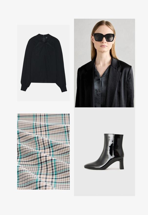 Schwarze Bluse aus leichtem Stoff mit gefaltetem Vorderteil, hohem Kragen und elastischen Manschetten, die einen verdeckten Reißverschluss im Rücken hat.; Karosstoff in Beige, Schwarz und Petrol. Besitzt ein Gittermuster mit feinen Linien und einer strukturierten Oberfläche, die eine Mischung aus Karos und Streifen zeigt.; Schwarzer Lackleder-Stiefelette mit spitzer Zehe und einem mittelhohen Blockabsatz. Glatte Textur und minimalistisches Design.; Schwarze übergroße Sonnenbrille mit einem massiven Rahmen und dunklen Gläsern, kombiniert mit einem satinartigen grauen Hemd mit Knöpfen und einem schwarzen Blazer.