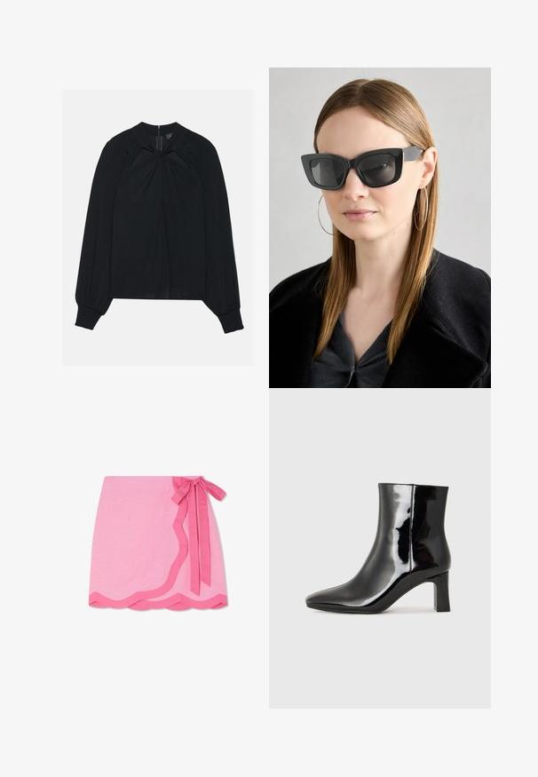 Černá blůza vyrobená z lehkého materiálu s sklady na přední straně, vysokým límcem a elastickými manžetami s ukrytým zipem na zadní straně.; Růžová lněná zavinovací sukně s vlnkovaným lemem, která má kontrastní tmavě růžovou šňůrku v pase a hladkou texturu.; Černé lakované kotníkové boty s špičatou špičkou a středně vysokým blokovým podpatkem. Hladká textura a minimalistický design.; Černé sluneční brýle ve stylu kočičího oka s tmavými skly, silnými rámy a jemnými detaily. Nosené s černým kabátem a šedým topem, s dlouhými rovnými vlasy.