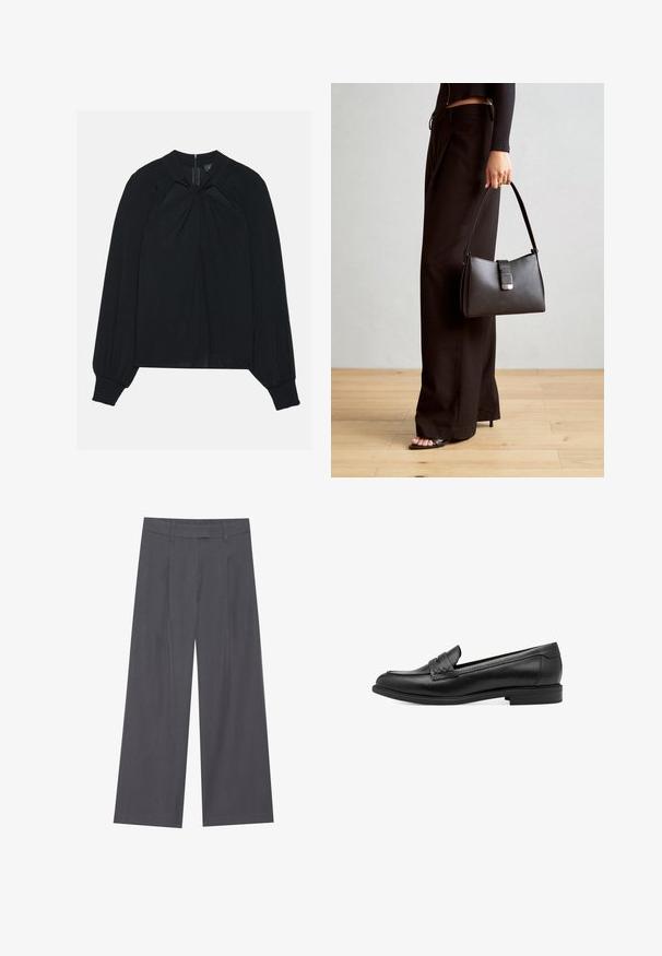 Svart blus i lättviktig tyg med plisserad framsida, hög krage och elastiska manschetter som har en dold dragkedja i ryggen.; Grå vida byxor med en slät textur, med en veckad design framtill och en standard midja för en bekväm passform.; Svart läderloafer med en slät yta, med en vävd detalj över ovandelen och en låg, rund klack. Enkel design och form.; Svart handväska med strukturerad form, slät yta och metallspänne. Matchad med vida svarta byxor och sandaler med öppen tå på trägolv.