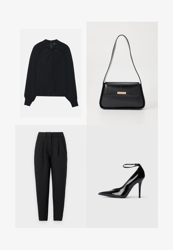 Svart bluse laget av lett stoff med plisserte detaljer foran, høy krage og elastiske mansjetter med skjult glidelås bak.; Sorte bukser med rett passform, med legg foran, en jevn tekstur og sidelommer. Livet er av standard høyde.; Sorte lakkert høye hæler med spiss tå, ankelstropp og en glatt, glitrende finish. Stiletthæl fullfører den elegante designen.; Svart lærveske med en strukturert, triangulær form, tynn stropp og detaljer i gulltone som har en logo-plakett på den fremre klaffen.