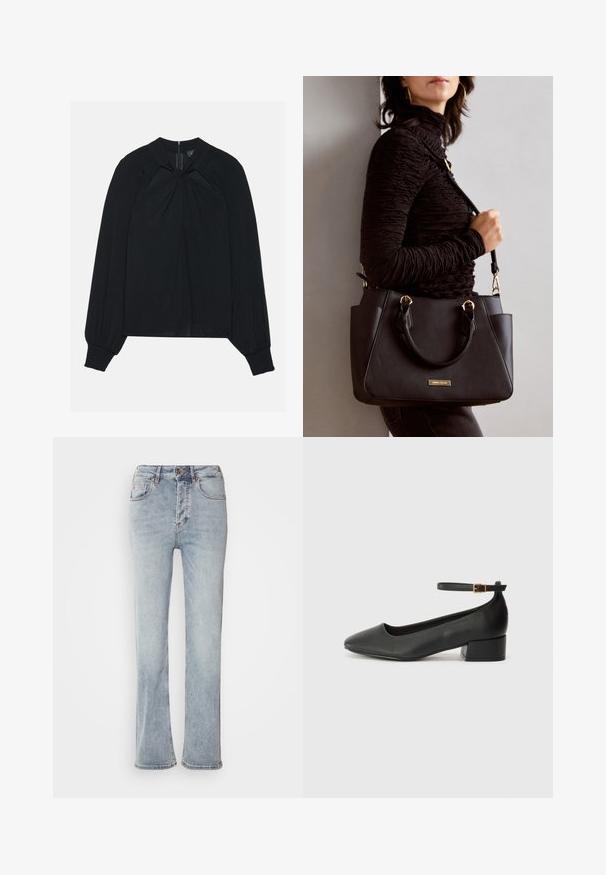 Blusa preta feita de tecido leve com frente plissada, gola alta e punhos elásticos com um fecho zip oculto nas costas.; Jeans de denim azul claro com uma cintura alta, design de perna reta e uma ligeira flare na bainha. Apresenta acabamentos em costura e um fecho de correr.; Sandal de pele preta com bico pontiagudo e um salto bloco baixo. Apresenta uma tira no tornozelo com uma fivela em tom dourado. Textura suave.; Bolsa preta com superfície texturizada, alças superiores duplas e alça de ombro ajustável. Apresenta ferragens em tom dourado e bolsos laterais.