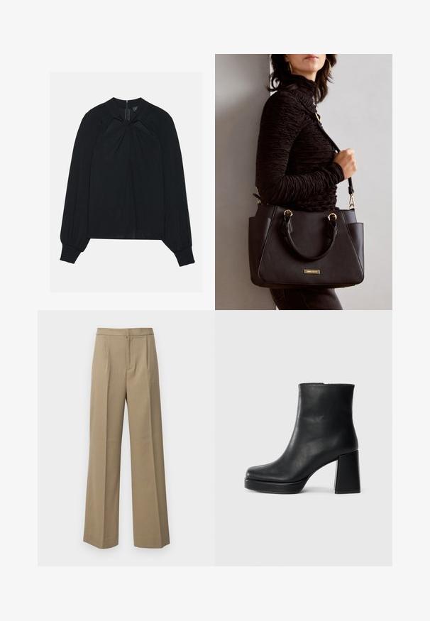 Black blouse made of lightweight fabric with a pleated front, high collar, and elasticized cuffs featuring a concealed back zipper.; Beige wide-leg trousers made from a textured fabric. Features front pleats and a flat waistband. No visible fasteners or pockets.; Black leather ankle boot with a block heel and platform sole, viewed from the side on a plain white background.; Black handbag with textured surface, dual top handles, and adjustable shoulder strap. Features gold-tone hardware and side pockets.