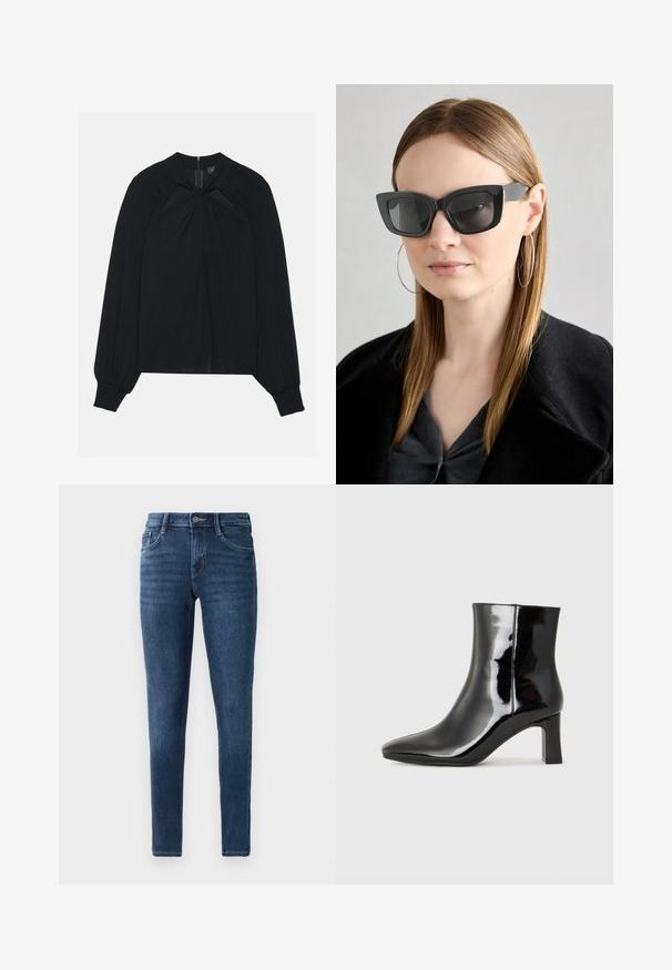 Crna bluzica izrađena od lagane tkanine s naboranim prednjim dijelom, visokim ovratnikom i elastičnim manžetama koje imaju skriveni zatvarač na leđima.; Tamno plave traperice uskog kroja sa klasičnim dizajnom s pet džepova, prednjim kopčanjem na gumb i suptilnim detaljima šivanja. Glatka tekstura kroz cijelu površinu.; Crne lakirane kožne gležnjače s šiljastim prstom i srednje visokom blok petom. Glatka tekstura i minimalistički dizajn.; Crne mačje naočale s tamnim staklima, debelim okvirima i suptilnim detaljima. Nosit će se s crnim kaputom i sivoj majici, s dugom ravnom kosom.