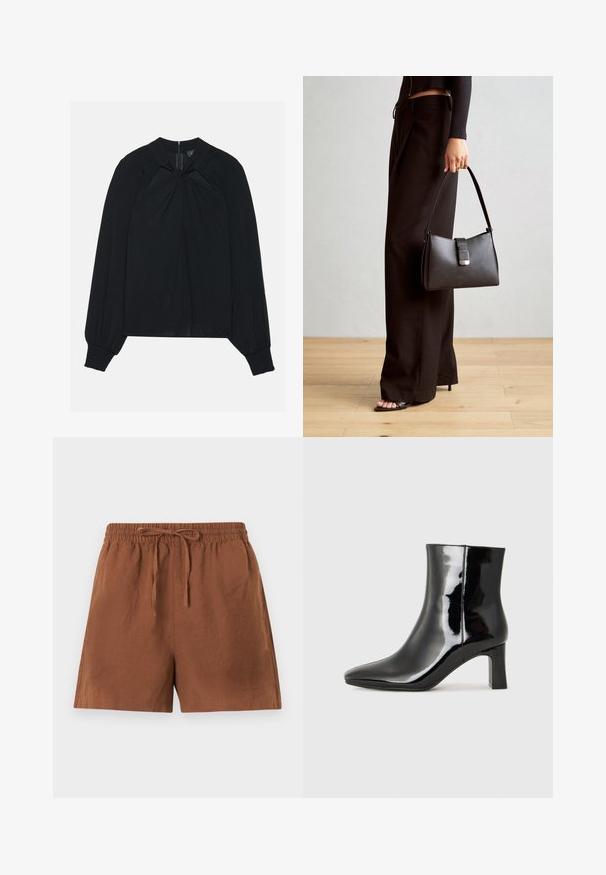 Svart bluse laget av lett stoff med plisserte detaljer foran, høy krage og elastiske mansjetter med skjult glidelås bak.; Brune, lette shorts med elastisk midje og snor. Har en løs passform og glatt tekstur, egnet for uformell bruk.; Sorte patentlær ankle boot med spiss tå og en mellomhøy blokkhelt. Glatt tekstur og minimalistisk design.; Svart håndveske med strukturert form, jevn tekstur og metallisk lås. Kombinert med brede svarte bukser og sandaler med åpen tå på tregulv.