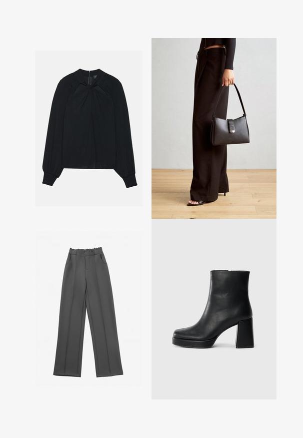 Blusa preta feita de tecido leve com frente plissada, gola alta e punhos elásticos com um fecho zip oculto nas costas.; Calças largas cinzentas com uma cintura franzida, dois bolsos laterais e costuras retas, feitas de um tecido leve e suave.; Bota de couro preta até ao tornozelo com salto bloco e sola com plataforma, vista de lado sobre um fundo branco liso.; Bolsa preta com forma estruturada, textura suave e um fecho metálico. Combinada com calças largas pretas e sandálias de salto aberto sobre um chão de madeira.