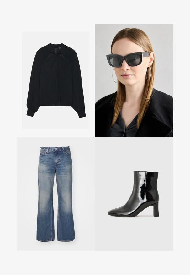 Mustahuivi kevyt kangas, jossa on laskostettu etuosa, korkea kaulus ja elastiset hihansuut, joissa on piilotettu takavetoketju.; Vaaleansiniset farkut, joissa on leveä lahje, haalistunut pesu, viisi taskua ja nappisuljenta. Yksityiskohtainen tikkaus saumoissa.; Musta patenttilakattu nilkkuri, jossa on terävä kärki ja keskipitkä lohkarekorko. Silkkinen pinta ja minimalistinen muotoilu.; Mustan kissakuvioisen aurinkolasit tummilla linsseillä, paksuilla kehyksillä ja hillityillä yksityiskohdilla. Yhdistetty mustaan takkiin ja harmaaseen paitoihin, joissa on pitkät suorat hiukset.