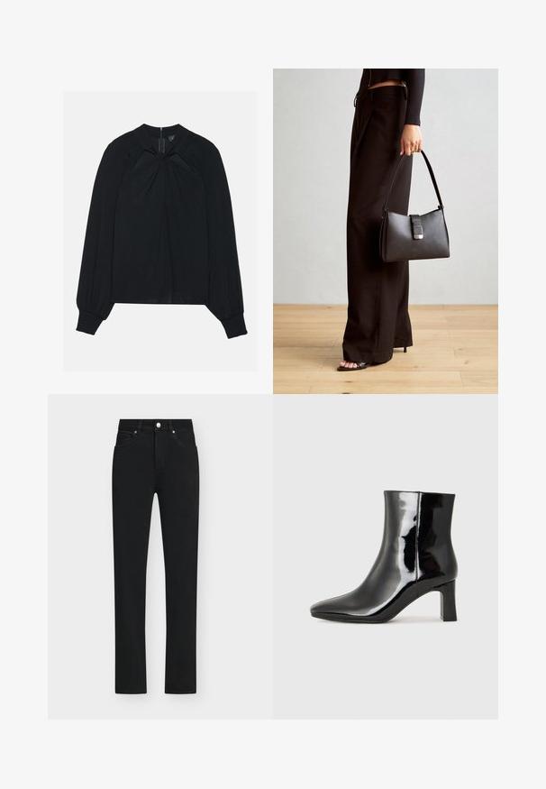 Melnā blūze, kas izgatavota no viegla auduma, ar pliķotu priekšpusi, augstu apkakli un elastīgām piedurknēm, kas aprīkota ar slēptu aizmugures rāvējslēdzēju.; Melnas džinsa bikses ar taisnu kāju griezumu, ar pogas aizdari, piecām kabatām un smalkām šuvēm gar šuvēm.; Melnas patentētas ādas potīšu zābaki ar norādītu pirkstu un vidēja augstuma kvadrātveida papēdi. Gluda tekstūra un minimālisma dizains.; Melnā somiņa ar strukturētu formu, gludu tekstūru un metālu sprādzi. Saskaņota ar platām melnām biksēm un sandālēm ar atvērtu purngalu uz koka grīdas.