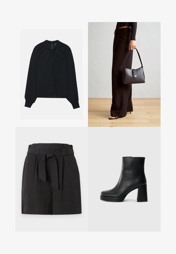Crna bluzica izrađena od lagane tkanine s naboranim prednjim dijelom, visokim ovratnikom i elastičnim manžetama koje imaju skriveni zatvarač na leđima.; Crne kratke hlače s preklopom u struku i detaljem vezanja. Izrađene su od glatkog materijala s krojem koji odgovara i bočnim prorezom za udobnost.; Crna kožna čizma do gležnja s blok petom i platformom, prikazana s bočne strane na jednostavnoj bijeloj pozadini.; Crna torba s oblikom koji sadrži strukturu, glađu teksturu i metalnu kopču. Uparena s širokim crnim hlačama i sandalama na otvorenom s drvenog poda.