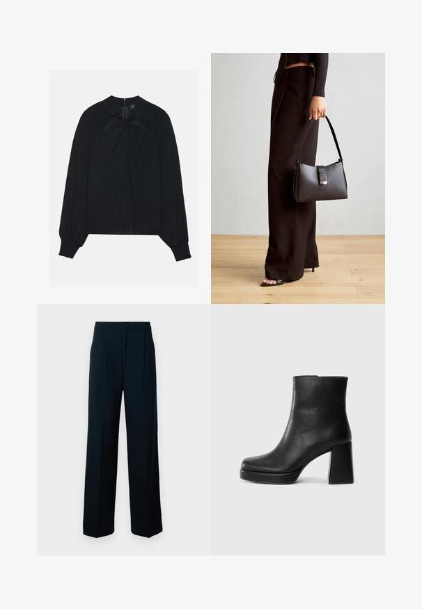Black blouse made of lightweight fabric with a pleated front, high collar, and elasticized cuffs featuring a concealed back zipper.; Black wide-leg trousers made of smooth fabric, featuring a high waist, front pleats, and a clean, minimal design.; Black leather ankle boot with a block heel and platform sole, viewed from the side on a plain white background.; Black handbag with structured shape, smooth texture, and a metallic clasp. Paired with wide black pants and open-toe sandals on wooden floor.