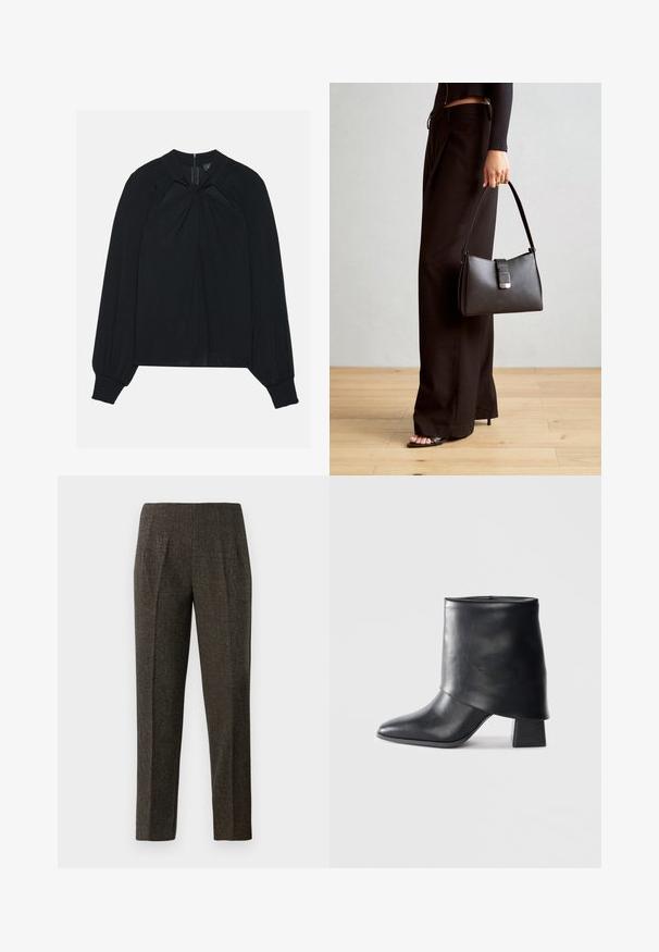 Blusa preta feita de tecido leve com frente plissada, gola alta e punhos elásticos com um fecho zip oculto nas costas.; Calças tecidas castanhas com um corte ajustado, apresentando uma prega na frente e pernas retas. O material é texturizado e ligeiramente brilhante.; Bota de tornozelo em couro preto com bico afilado, textura suave e um salto bloco estruturado. Apresenta um design de cano alto e dobrado.; Bolsa preta com forma estruturada, textura suave e um fecho metálico. Combinada com calças largas pretas e sandálias de salto aberto sobre um chão de madeira.