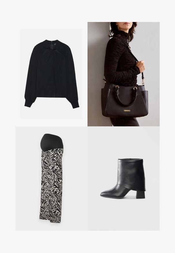 Juodas bluzonas, pagamintas iš lengvos medžiagos, su raukšlių priekiu, aukštu apykakle ir elastingais rankogaliais, turintis paslėptą užtrauktuką nugaroje.; Juoda ir balta zebro rašto nėštumo sijonas su tampriu juodu juosmeniu, pasižymintis sukaupta detale liemenyje ir laisvu dizainu.; Juodos odinės kulkšnės botai su smailiu pirštu, lygiu paviršiumi ir standžiu blokiniu kulnu. Ypatybė - aukštas, sulankstytas užkulnis.; Juodas rankinės maišelis su struktūrizuota paviršiumi, dvigubais viršutiniais rankenėlėmis ir reguliuojamu peties diržu. Įrengtas aukso spalvos furnitūra ir šoninės kišenės.
