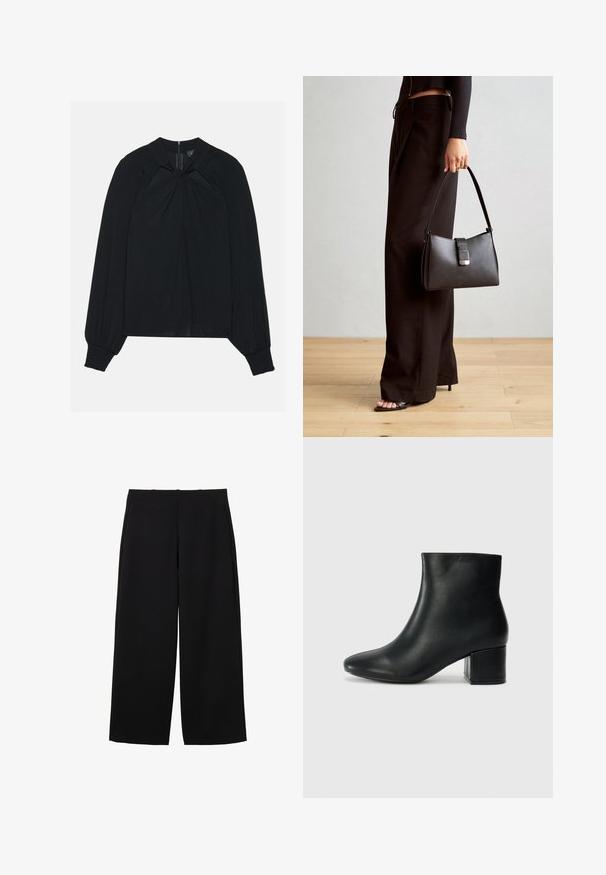 Blusa negra de tela ligera con frente plisado, cuello alto y puños elásticos que cuentan con un cierre trasero oculto.; Pantalones de pierna ancha negros, confeccionados con una tela texturada y cintura alta, con plisados frontales y un diseño limpio. Sin bolsillos visibles ni herrajes.; Botas de cuero negras hasta el tobillo con una punta afilada y un tacón grueso. Textura lisa con acentos mínimos y un diseño elegante y ajustado.; Bolso negro con forma estructurada, textura suave y un cierre metálico. Combinado con pantalones anchos negros y sandalias de dedo en un suelo de madera.