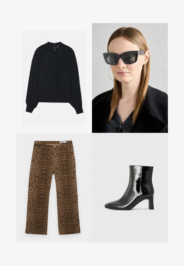 Blouse noire en tissu léger avec un devant plissé, un col montant et des poignets élastiqués arborant une fermeture éclair dissimulée dans le dos.; Pantalons à imprimé léopard avec un motif marron et noir, design à jambes droites et style classique à cinq poches. Fabriqués en tissu mélangé de coton.; Bottines en cuir verni noir avec un bout pointu et un talon block de hauteur moyenne. Texture lisse et design minimaliste.; Des lunettes de soleil en forme de chat noir avec des verres foncés, des montures épaisses et des accents subtils. Portées avec un manteau noir et un haut gris, avec des cheveux longs et raides.