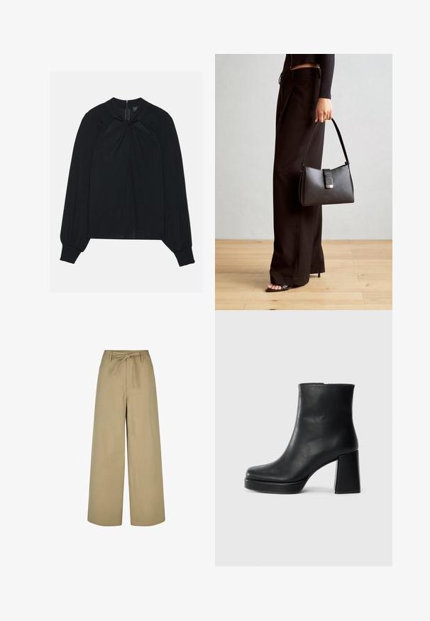 Schwarze Bluse aus leichtem Stoff mit gefaltetem Vorderteil, hohem Kragen und elastischen Manschetten, die einen verdeckten Reißverschluss im Rücken hat.; Beigeweite Beine Hose mit hoher Taille, Kordelzug und zwei seitlichen Taschen, aus einem glatten, leichten Stoff gefertigt.; Schwarze Leder-Stiefelette mit Blockabsatz und Plattformsohle, seitlich auf einem schlichten weißen Hintergrund betrachtet.; Schwarze Handtasche mit strukturierter Form, glatter Textur und einem metallischen Verschluss. Kombiniert mit weiten schwarzen Hosen und offenen Sandalen auf einem Holzboden.