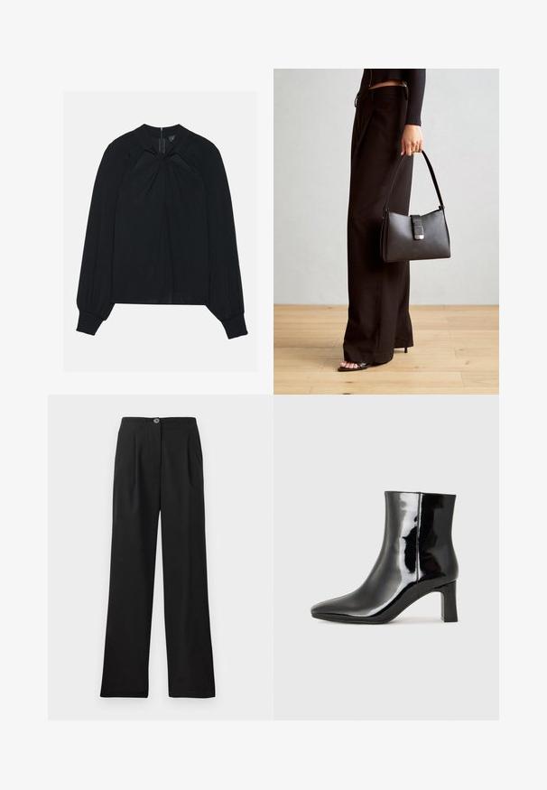 Zwarte blouse van lichtgewicht stof met een geplooide voorkant, hoge kraag en elastische manchetten met een verborgen ritssluiting aan de achterkant.; Zwarte, hoge taillebroek gemaakt van soepele stof, met voorplooien, een enkele knoopsluiting en brede pijpen. Geen zakken zichtbaar.; Zwarte gepolijste leren enkellaars met een spitse neus en een blokhak van gemiddelde hoogte. Glad textuur en minimalistisch ontwerp.; Zwarte handtas met gestructureerde vorm, gladde textuur en een metalen sluiting. Gecombineerd met brede zwarte broeken en sandalen met open teen op een houten vloer.