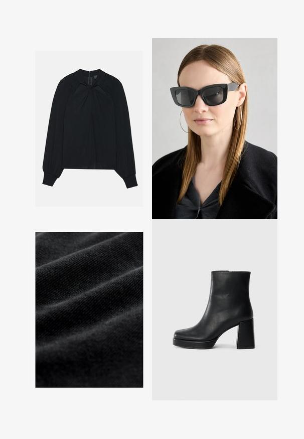 Čierna blúzka vyrobená z ľahkej tkaniny s plisovaným predným dielom, vysokým golierom a elastickými manžetami, ktoré majú skrytý zips na chrbte.; Čierna tkanina s hladkou, mäkkou textúrou, s jemnými horizontálnymi záhybmi a jednotným vzorom tkania. Žiadne viditeľné vzory alebo akcenty.; Čierne kožené členkové topánky s blokovým podpätkom a platformovou podrážkou, zobrazené z boku na bielom pozadí.; Čierne mačacie slnečné okuliare s tmavými sklami, hrubými obručami a jemnými detailami. Nosí sa s čiernym kabátom a sivým topom, pričom má dlhé rovné vlasy.