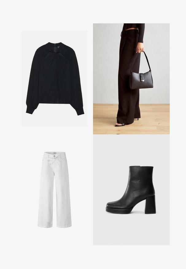 Blouse noire en tissu léger avec un devant plissé, un col montant et des poignets élastiqués arborant une fermeture éclair dissimulée dans le dos.; Pantalons larges blancs en denim, avec taille élastiquée et cordon de serrage, poches avant et fermeture à bouton. Texture lisse et design simple.; Bottine en cuir noir avec un talon bloc et une semelle plateforme, vue de côté sur un fond blanc uni.; Sac à main noir à la forme structurée, texture lisse et fermoir métallique. Associé à un pantalon noir ample et des sandales ouvertes sur un sol en bois.