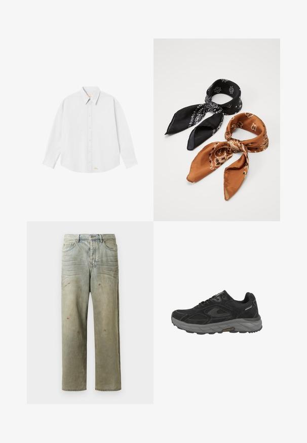 Camicia bianca con colletto classico, maniche lunghe e orlo arrotondato; presenta un piccolo logo arancione sul lato sinistro in basso.; Jeans in denim strappato di colore verde chiaro, con gamba dritta, design a cinque tasche, sbiaditure irregolari e schizzi di vernice.; Scarpa sportiva nera con tomaia in suede e mesh, suola in gomma grigia, punta rotonda, design con lacci e dettagli di cucitura a contrasto.; Due sciarpe con motivi: una nera con disegni bianchi, l'altra marrone con accenti arancioni. Entrambe sono realizzate in satin e presentano estremità appuntite.