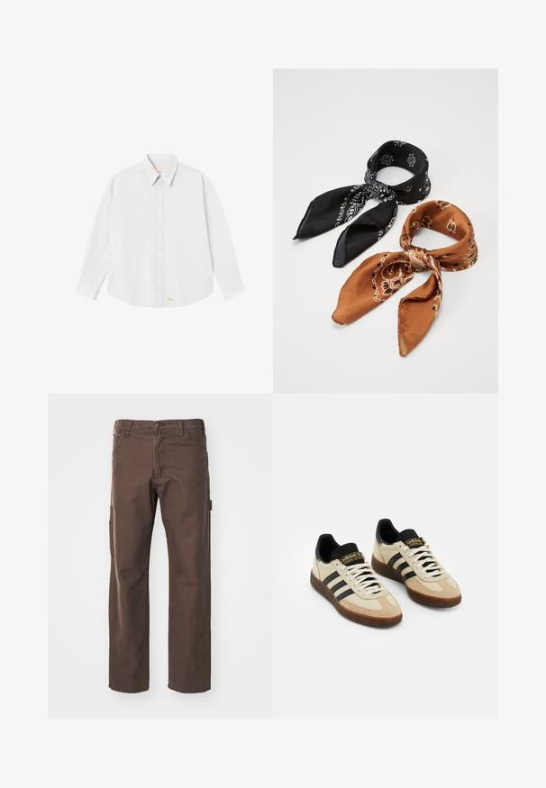 Balta marškinėliai su apykakle, ilgomis rankovėmis ir suapvalintu apačiu; priekinėje dalyje apatiniame kairiajame kampe pažymėtas mažas oranžinis logotipas.; Dickies CARPENTER PANT - Kelnės - dark brown; Šviesiai rudos zomšos sportiniai bateliai su juodais odiniais akcentais, baltais raišteliais ir ruda guma išorėje. Kiekvienoje pusėje yra trys juodos juostos.; Du duotie juostuotos skaros: viena juoda su baltais raštais, kita ruda su oranžiniais akcentais. Abi pagamintos iš satino, su smailiais galais.