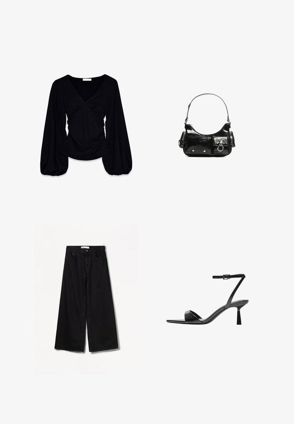 Schwarzes Langarmoberteil aus strukturiertem Stoff, mit V-Ausschnitt und gerafften Details an der Taille, sowie voluminösen Ballonärmeln.; Bershka WIDE-LEG - Wide Leg - black; Bershka High Heel Sandalette - black; Schwarze Lackleder-Handtasche mit geschwungenem Design, einem Schulterriemen, Vordertaschen und silberfarbenen Hardware-Akzenten.