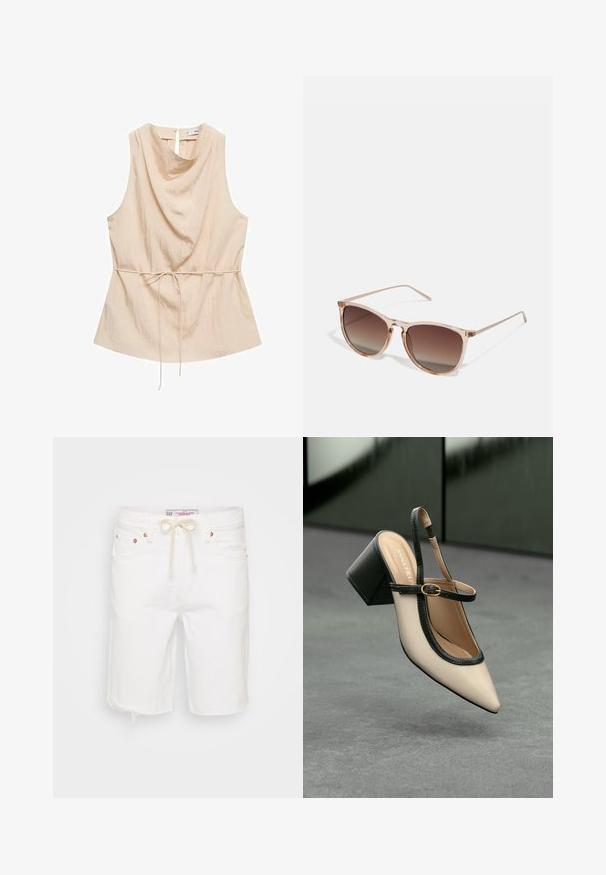 Sleeveless beige top with a draped cowl neckline, soft texture, gathered waist with a tie, and a keyhole back closure.; White denim shorts with a frayed hem, featuring a drawstring waist, five pockets, and copper-tone hardware accents.; Beige pointed-toe slingback shoe with black trim, gold buckle, and a chunky block heel on gray floor with dark green background.; Brown gradient sunglasses with a translucent pink frame, square shape, and thin metal arms. Features rounded edges and minimal detailing.