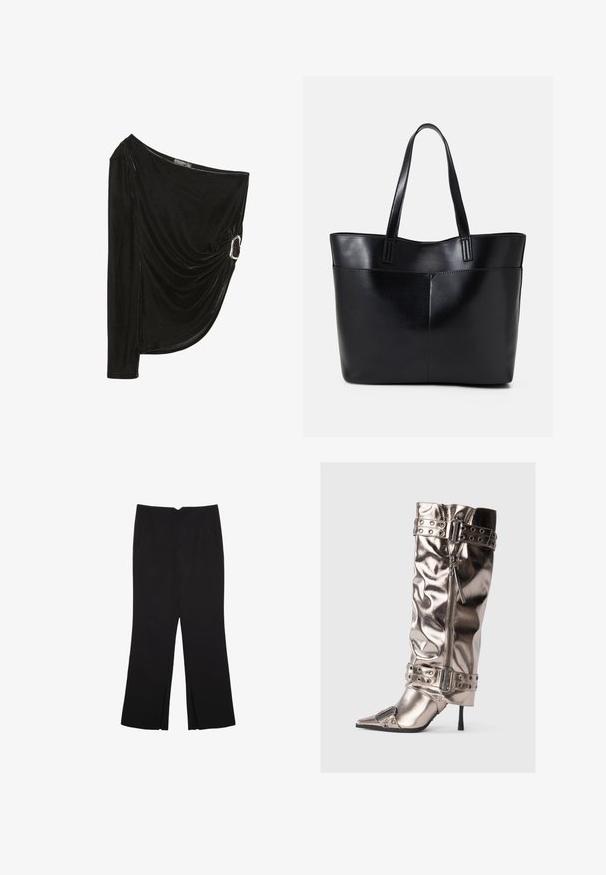 Zwarte, een-schoudertop van zacht fluweel. Kenmerkt zich door een drapering met een zilveren ringaccent aan de zijkant. Lange mouw aan één kant.; Zwarte broek met een rechte pasvorm, voorzien van zijzakken en plooien aan de onderzijde. Gemaakt van zachte, gladde stof. Geschikt voor verschillende gelegenheden.; Metaalachtige kniehoge laarzen met een slanke stilettohak, spitse neus, ritssluiting en gespen met studs. Heeft een gerimpelde structuur.; Zwarte leren tote bag met twee lange handvatten, een zachte textuur en een gestructureerde vorm. Voorzien van een voorvak voor extra opslagruimte.