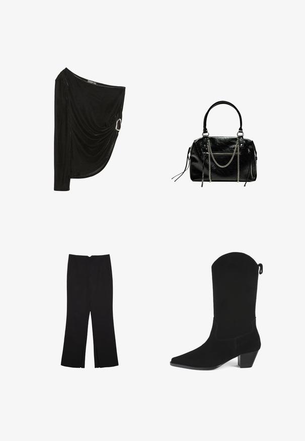 Černý top na jedno rameno vyrobený z měkkého sametu. Má úchvatný drapovaný design s kovovým kroužkem na boku. Dlouhý rukáv na jedné straně.; Černé kalhoty s rovným střihem, s předními kapsami a bočními rozparky na lemu. Vyrobené z jemné, hladké tkaniny. Vhodné na různé příležitosti.; Černé zamšové kotníkové boty ve stylu cowboy s špičatou špičkou, mírným podpatkem a vlnitým horním okrajem. Obsahují minimální šití a zadní poutko.; Bershka WITH CHAIN - Kabelka - black