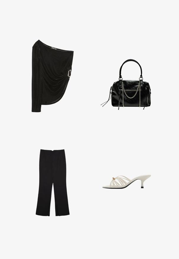 Top nero a spalla unica realizzato in morbido velluto. Presenta un design drappeggiato con un/accento in anello argentato sul lato. Manica lunga su un lato.; Pantaloni neri a gamba dritta, con tasche frontali e spacchi laterali all'orlo. Realizzati in tessuto morbido e liscio. Adatti a diverse occasioni.; Sandali con tacco bianchi a strappo con un design curvo, caratterizzati da un accento dorato e una suola nera. Texture liscia e stile open-toe.; Bershka WITH CHAIN - Borsa a mano - black