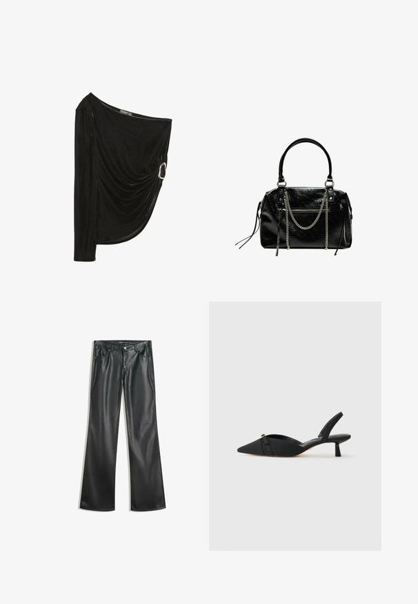 Černý top na jedno rameno vyrobený z měkkého sametu. Má úchvatný drapovaný design s kovovým kroužkem na boku. Dlouhý rukáv na jedné straně.; Černé kalhoty z umělé kůže s rozšířenými nohavicemi a hladkou texturou, pět kapsami, předním zipem a kontrastním prošíváním.; Černé lodičky na pásku s špičatou špičkou, textilním svrškem, mašlí na nártu a nízkým válcovým podpatkem.; Bershka WITH CHAIN - Kabelka - black