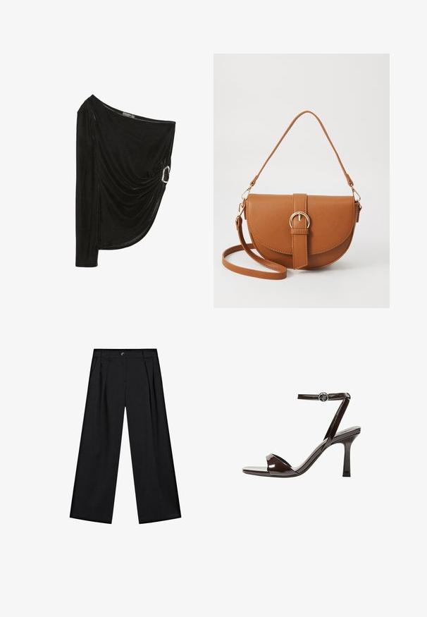 Schwarzes, einseitiges Oberteil aus weichem Samt. Merkmale ein drapiertes Design mit einem silbernen Ringakzent an der Seite. Langer Ärmel auf einer Seite.; Schwarze weit geschnittene Hosen aus glattem Stoff, mit vorderen Falten, seitlichen Taschen und einem Knopfverschluss am Bund.; Braune Lackleder-High-Heelsandale mit einem Knöchelriemen, offener Zehenpartie und einem schlanken, minimalistischen Design. Verfügt über einen quadratischen Absatz.; Braune Leder-Crossbody-Tasche mit geschwungener Form, goldfarbenen Beschlägen und einer Schnallenakzentuierung. Verfügt über einen abnehmbaren Schultergurt.
