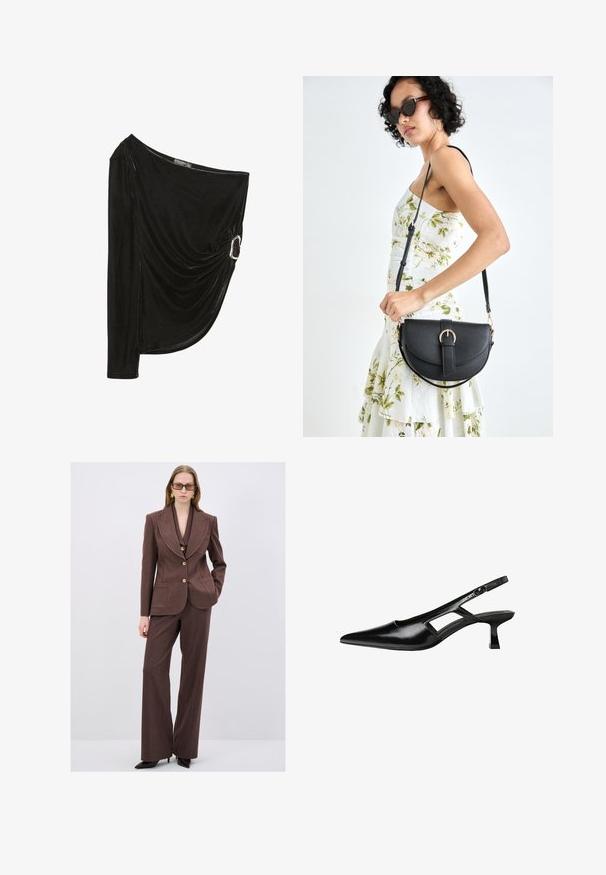 Musta, yksiolkaiminen toppi, joka on valmistettu pehmeästä sametista. Sisältää laskeutuvan suunnittelun ja hopeisen renkaan korosteen sivulla. Pitkä hiha toisella puolella.; Ruskea räätälöity puku, jossa on viilennetyllä kauluksessa oleva bleiseri ja siihen sopivat leveälahkeiset housut. Teksturoitu kangas ja kultaiset napit.; Mustat lakatut nahkakengät, joissa on viistopää, leikattu sivusuunnassa ja pieni neliökoroke. Sujuva pinta, jossa on minimaalinen koristelu.; Musta nahkainen käsilaukku, joka on kaareva muotoilultaan, irrotettavalla hihnalla ja kultaisilla yksityiskohdilla. Laukussa on läppä, jossa on solk yksityiskohta.