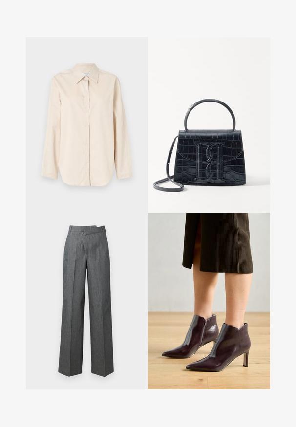 Licht beige langarm overhemd gemaakt van zachte katoen, met een klassieke kraag, een volledige knopenrij aan de voorkant en een losse pasvorm. Geen patronen of accenten.; Wijdvallende broek in donkergrijze stof, met een hoge taille, voorplooien en een enkele knoopsluiting aan de zijkant.; Bordeaux leren enkel laarzen met een spitse neus en slanke hak. Beschikt over een zijrits en een gladde, glanzende textuur.; Zwarte handtas van krokodillleer met een gestructureerd ontwerp, bovenhandvat, verstelbare schouderband en een opvallend voorlogo.