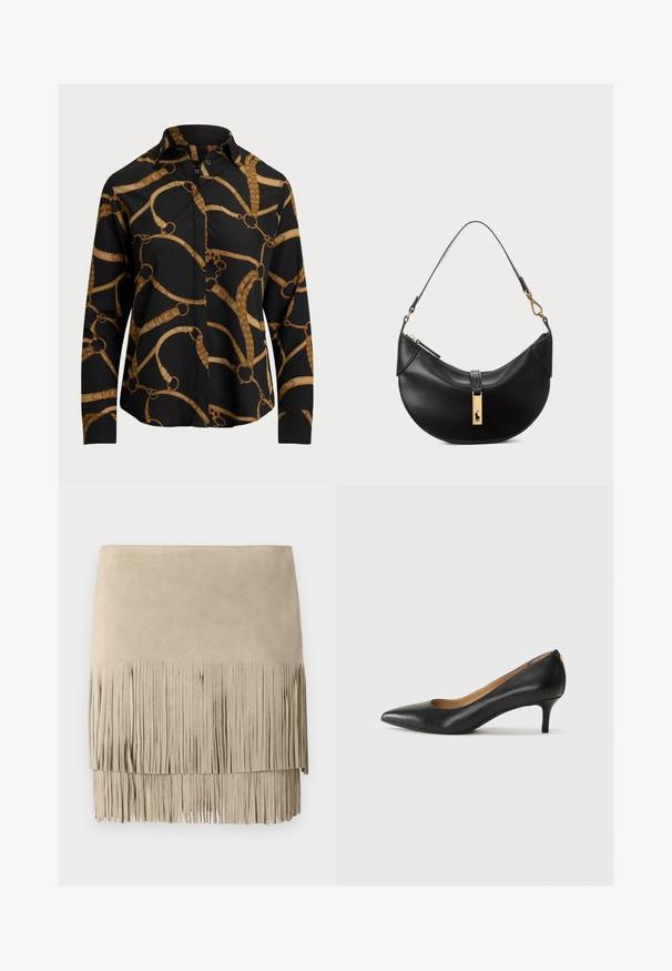 Langærmet sort skjorte med et mønster af guld kæder, der har krave og knaplukning. Glat stof med en afslappet pasform.; Beige ruskinds mini skirt med frynser i bunden. Glat tekstur med ensartede frynselængder langs bunden. Klassisk design.; Sorte læderpumper med spids tå, lav hæl og en glat tekstur. Har en let åbning foran og minimal hardware bagpå.; Sort læderhåndtaske i halvmåneform. Har en gylden hardwaredetalje og en smal rem. Glat tekstur, lynlås lukning øverst.