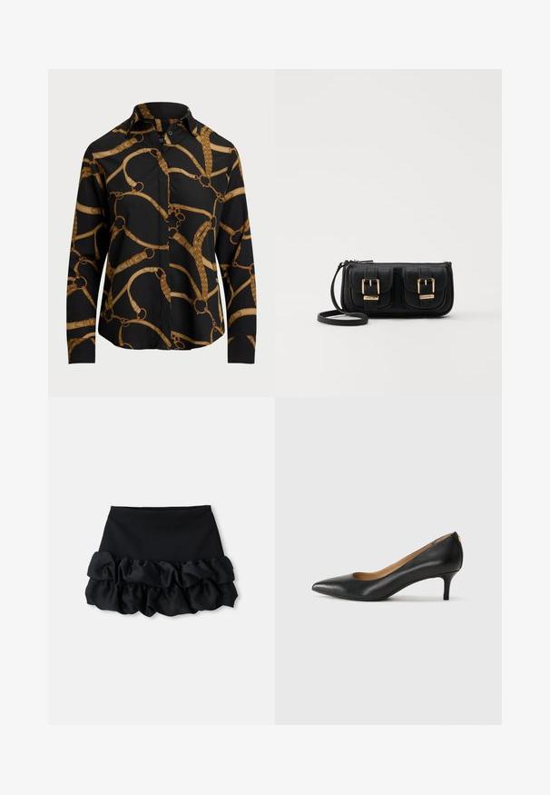 Camicia nera a maniche lunghe con un motivo a catena dorata, dotata di colletto e chiusura con bottoni. Tessuto morbido con una vestibilità comoda.; Gonna mini nera con una parte superiore aderente e tre strati di tessuto arricciato nella parte inferiore, con una consistenza liscia e linee pulite.; Décolleté in pelle nera con punta affilata, tacco basso e texture liscia. Presenta un leggero apertura sulla parte anteriore e hardware minimale sul retro.; Borsa a tracolla nera in pelle con due tasche frontali, fibbie dorate, chiusura con zip e una tracolla sottile. Superficie texturizzata e forma rettangolare compatta.