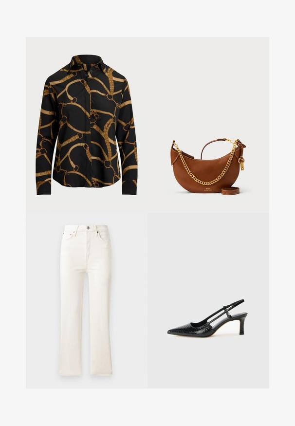 Hosszú ujjú fekete ing arany lánc mintával, gallérral és gombos záródással. Sima anyag, laza szabással.; Magas derekú, fehér farmer kettőspántos nadrág, cipzáras ágynemű, öt zsebes kialakítással és diszkrét varrási részletekkel. Az anyag sima tapintású.; Fekete lakk slingback sarok, hegyes orral, texturált kígyómintával, állítható pánttal és rövid, texturált tömbsarkal.; Barna bőr kézi táska íves kialakítással, arany lánc pánttal, belső zsebbel és leválasztható vállpánttal. Kontrasztos varrás jellemzi.