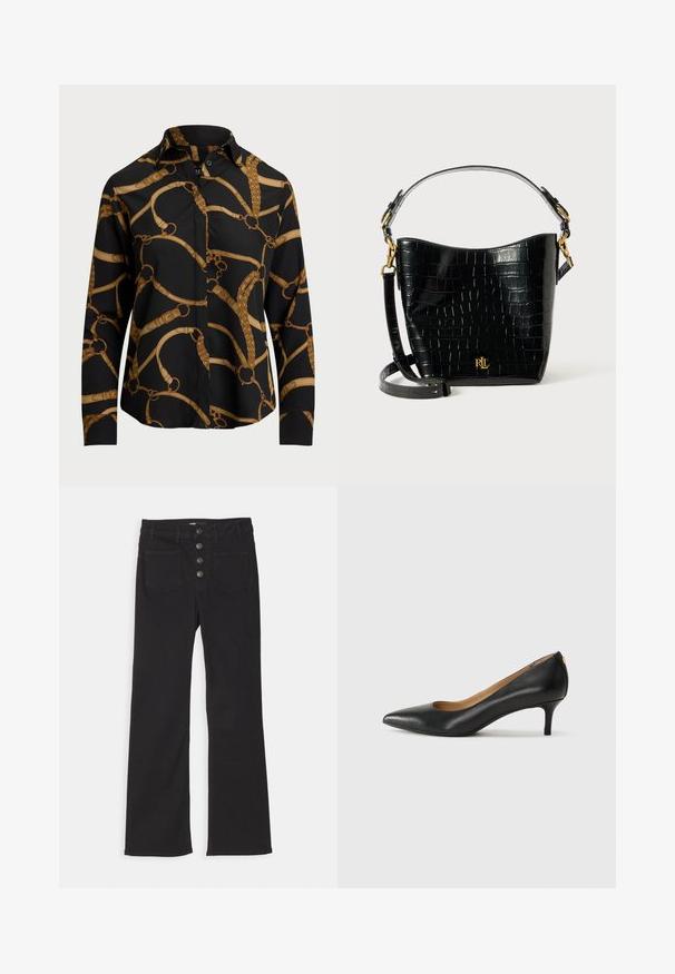 Long-sleeve black shirt with a gold chain pattern, featuring a collar and button closure. Smooth fabric with a relaxed fit.; Black denim flared jeans with a high waist, five-pocket design, and a front button closure featuring four metal buttons.; Black leather pump with a pointed toe, low heel, and a smooth texture. Features a slight opening at the front and minimal hardware at the back.; Black croc-embossed leather bag with a curved shape, gold hardware accents, an adjustable strap, and a logo detail at the front.