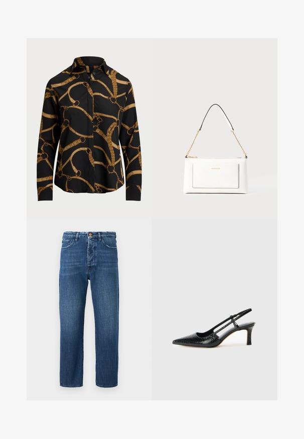 Pikkade varrukatega must särk kuldse kettmustriga, millel on krae ja nööbid. Sile kangas ja mugav lõige.; Tumedast sinise denimiga sirged teksad, millel on lukuga sulgemine, viis taskut ja kontraste õmblusdetailid.; Mustmust paelad, millel on terav varvas, tekstuuriga maduprindiga, reguleeritav rihm ja lühike tekstuuriga plokknina.; Valge nahast kott tekstureeritud viimistlusega, millel on kuldne kettling ja mustad aktsendid. Include eesmine tasku ja tõmblukk.