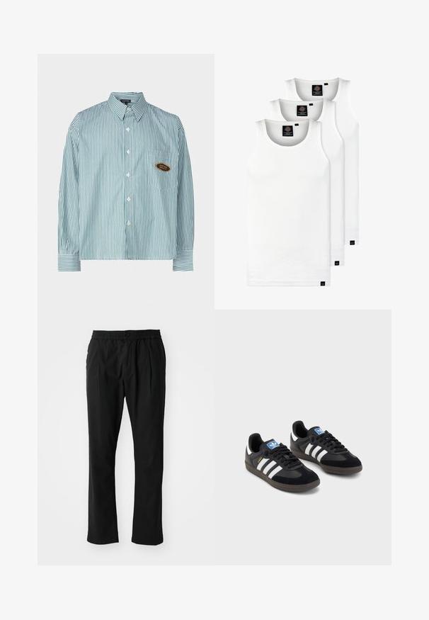 Kaotiko UNISEX - Marškiniai - green; Trys balti, dryžuoti marškiniai be rankovių, pagaminti iš medvilnės. Yra apvalus kaklas ir maži juodi etiketės netoli siūlės. Siūlomi įvairių dydžių.; Juodos kelnės, pagamintos iš lengvos medžiagos, su elastinga juosmeniu. Turi užtrauktuko uždarymą, tiesias kojines ir subtilias priekinės klostes.; Juodi sportiniai bateliai su zomšos ir sintetine viršutine dalimi, turintys tris baltas juosteles, tekstūruotą gumos pado paviršių ir mėlyną logotipo etiketę ant liežuvėlio.