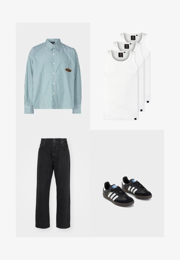 Kaotiko UNISEX - Ing - green; Három fehér csíkos pamut trikó. Felső része kerek nyakkivágású, és a szegély közelében kis fekete címkék találhatók. Több méretben elérhető.; Fekete farmernadrág egyenes szabású derékpánttal, öt zsebes kialakítással és diszkrét varrási részletekkel.; Fekete sportcipők, velúrból és szintetikus anyagból készült felsőrésszel, három fehér csíkkal, textúrázott gumitalppal és kék logó címkével a nyelvén.